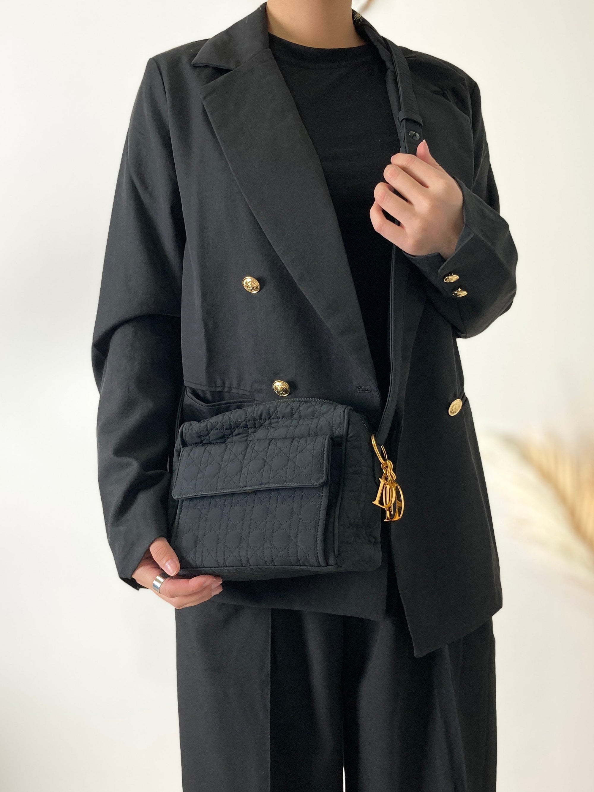 Christian D1OR Cannage Logo Motif Charm Nylon Shoulder bag Black Vintage e7e3wt