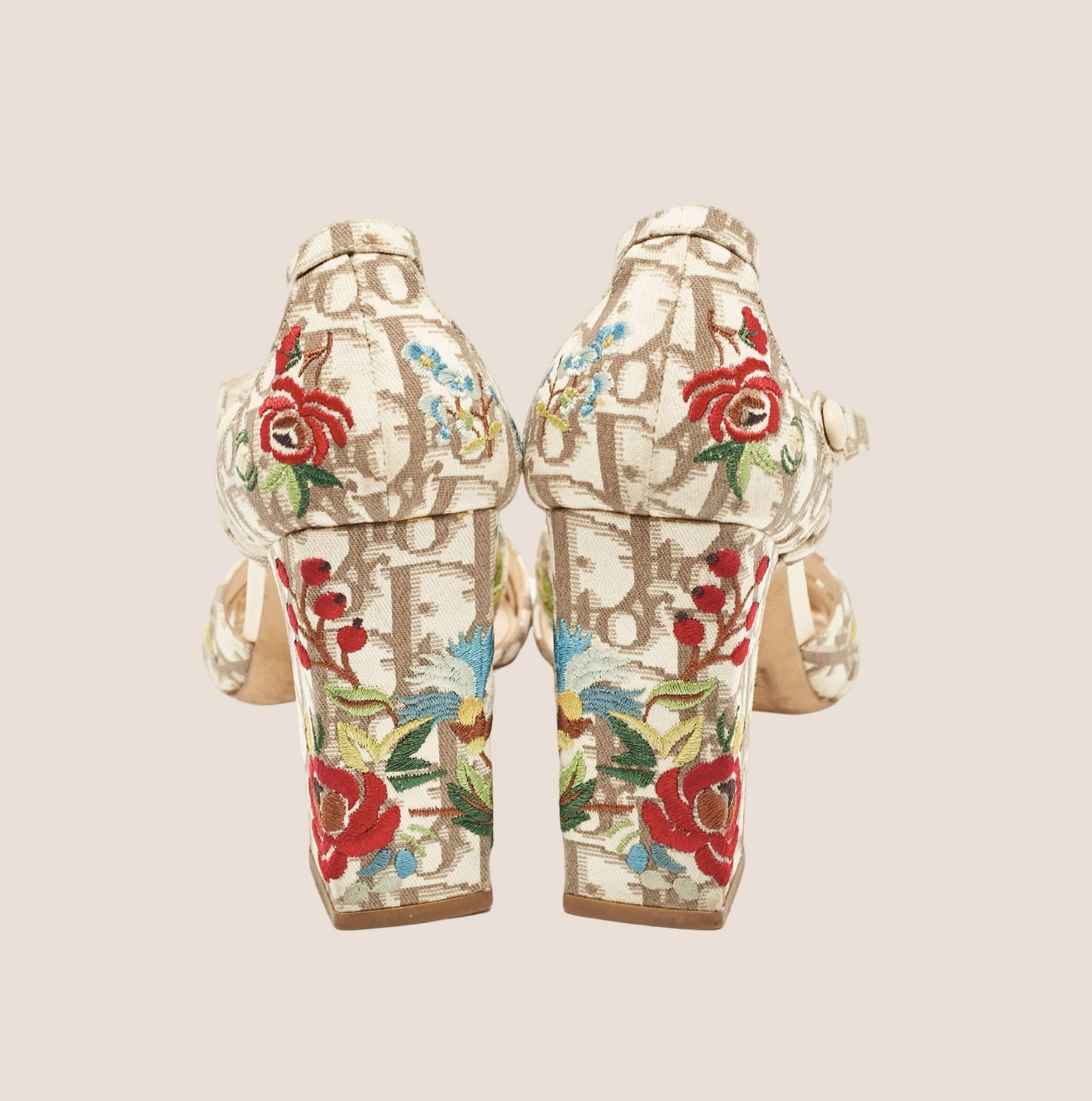 CHRISTIAN D1OR BEIGE D1ORISSIMO FLORAL EMBROIDERED MARY JANE PUMPS