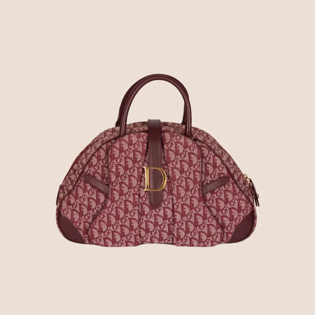 CHRISTIAN D1OR BURGUNDY TROTTER CANVAS SADDLE TOTE BAG