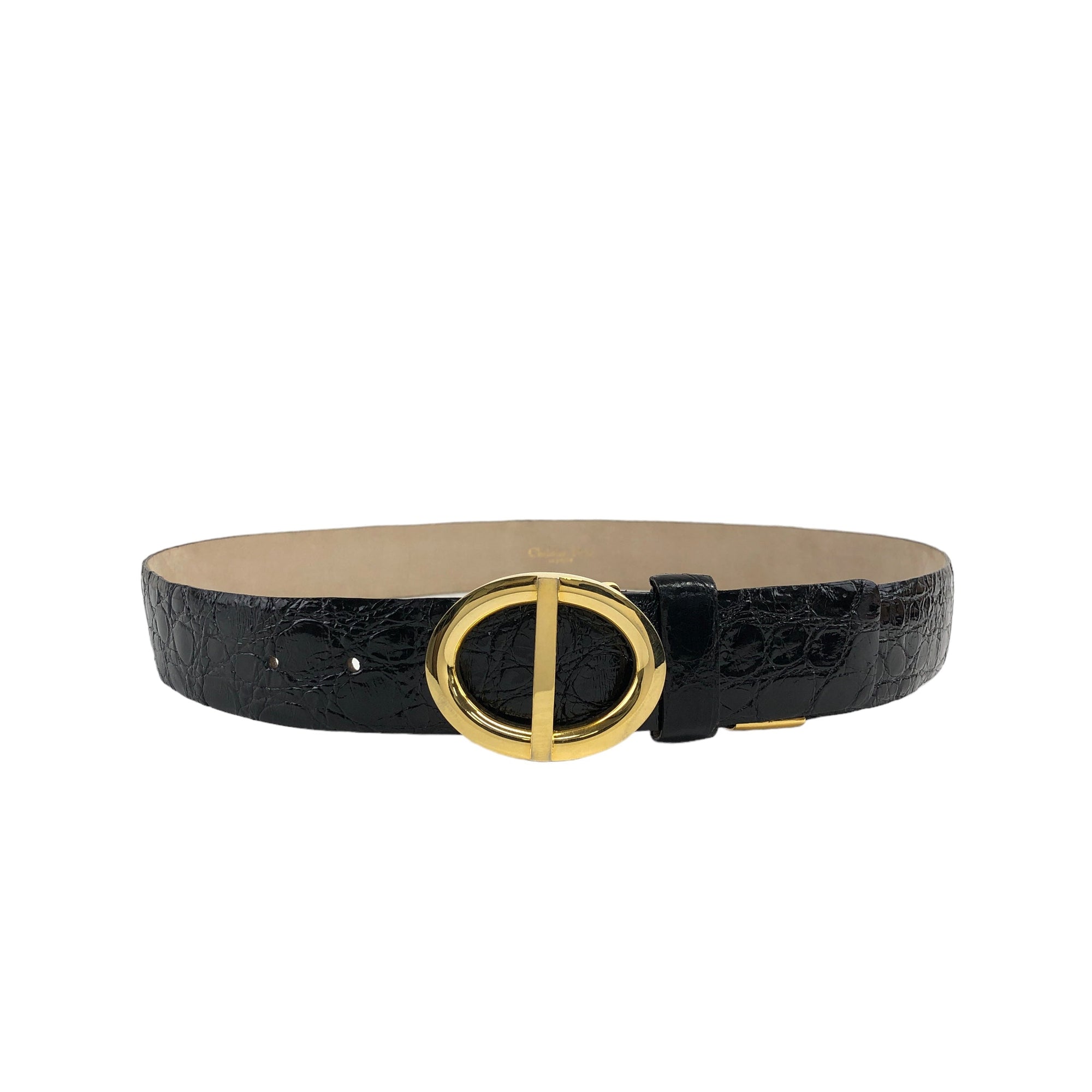 Christian D1OR Buckle Leather Belt Black,Gold Vintage 3yfefk